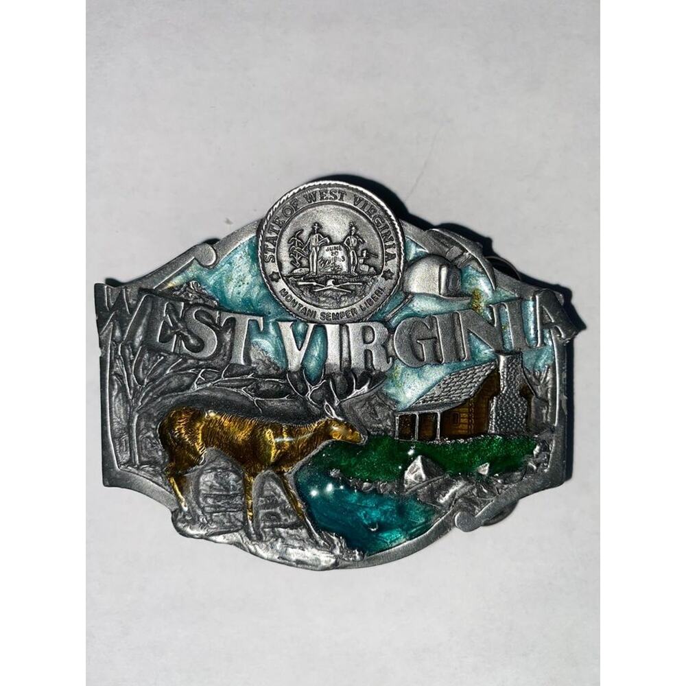 Vintage West Virginia Pewter Belt Buckle Enameled Metal 1987 Siskyou Co